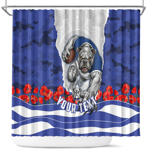 Personalized Bulldogs ANZAC Tribute Shower Curtain Poppy Field Soldier Silhouette Aboriginal Rugby Mascot