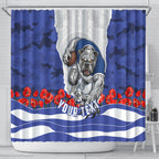 Personalized Bulldogs ANZAC Tribute Shower Curtain Poppy Field Soldier Silhouette Aboriginal Rugby Mascot