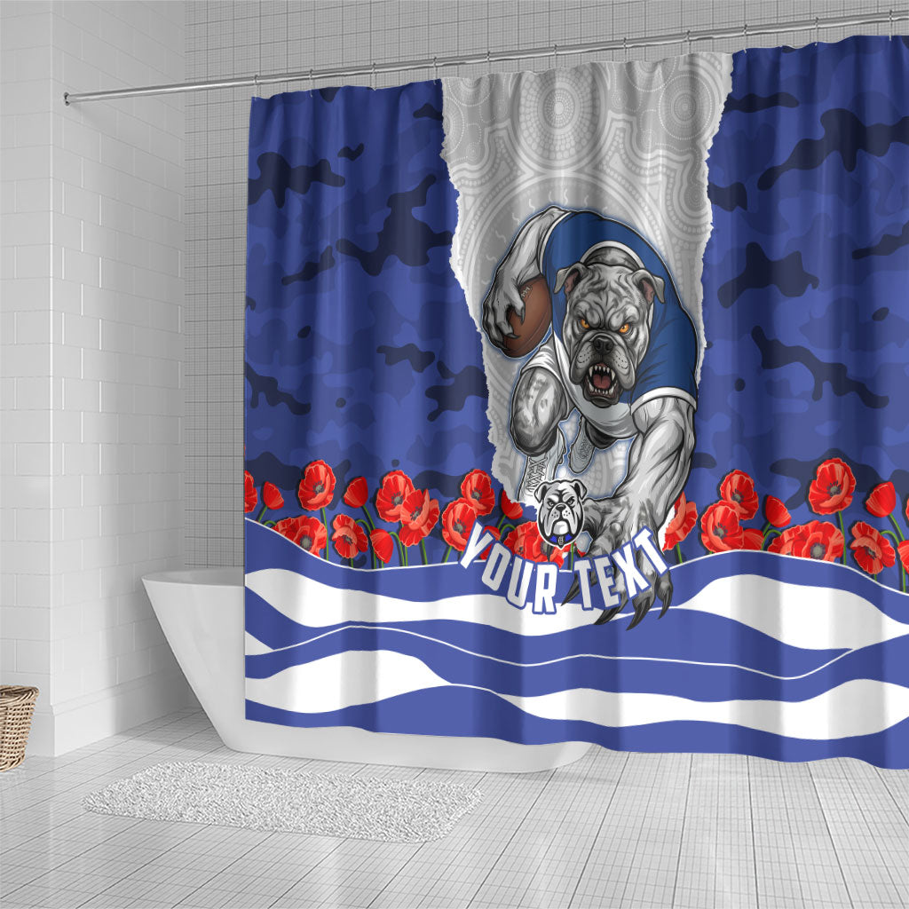 Personalized Bulldogs ANZAC Tribute Shower Curtain Poppy Field Soldier Silhouette Aboriginal Rugby Mascot