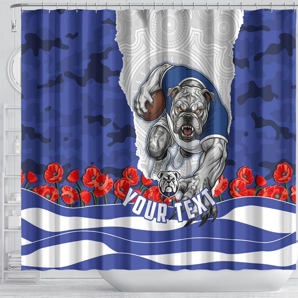 Personalized Bulldogs ANZAC Tribute Shower Curtain Poppy Field Soldier Silhouette Aboriginal Rugby Mascot