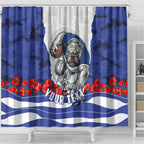 Personalized Bulldogs ANZAC Tribute Shower Curtain Poppy Field Soldier Silhouette Aboriginal Rugby Mascot