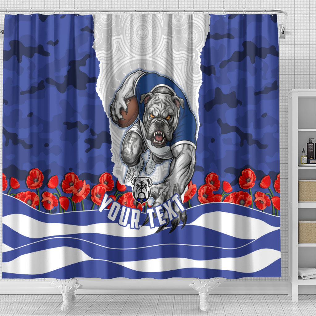 Personalized Bulldogs ANZAC Tribute Shower Curtain Poppy Field Soldier Silhouette Aboriginal Rugby Mascot