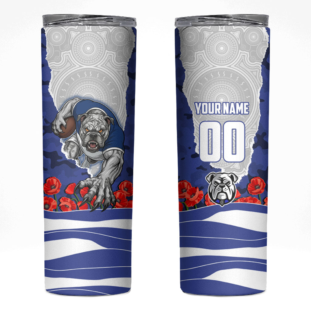 Personalized Bulldogs ANZAC Tribute Skinny Tumbler Poppy Field Soldier Silhouette Aboriginal Rugby Mascot