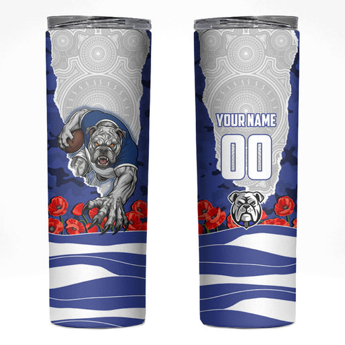 Personalized Bulldogs ANZAC Tribute Skinny Tumbler Poppy Field Soldier Silhouette Aboriginal Rugby Mascot