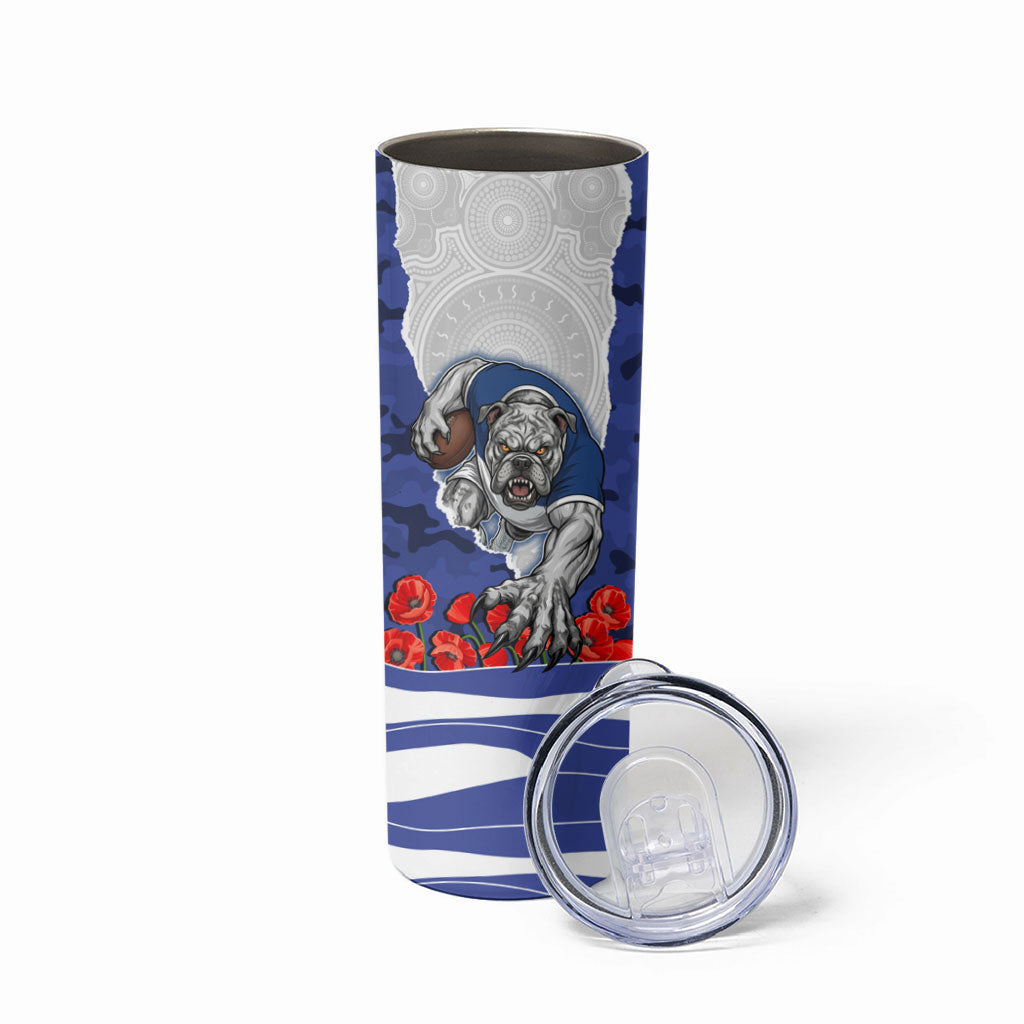 Personalized Bulldogs ANZAC Tribute Skinny Tumbler Poppy Field Soldier Silhouette Aboriginal Rugby Mascot