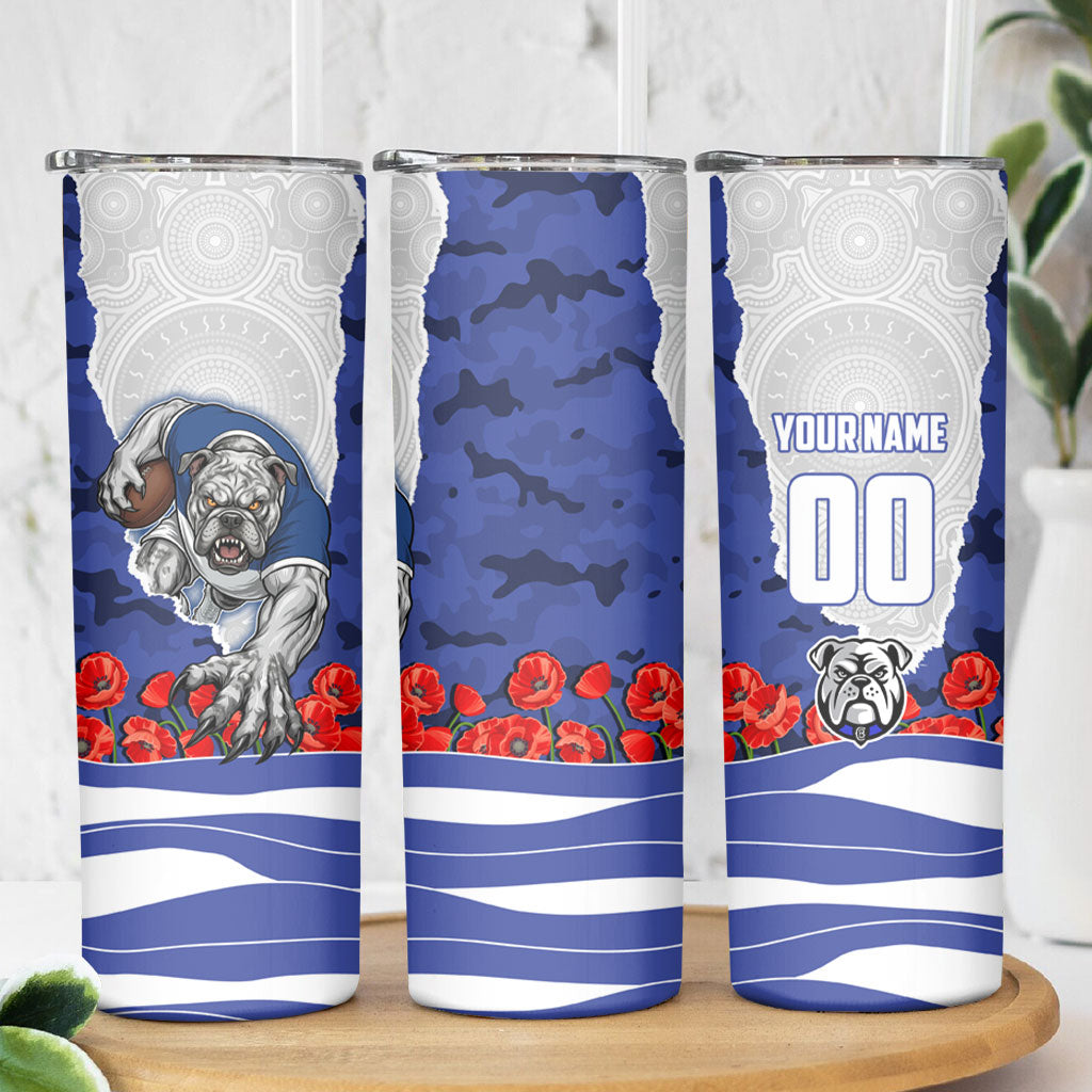 Personalized Bulldogs ANZAC Tribute Skinny Tumbler Poppy Field Soldier Silhouette Aboriginal Rugby Mascot