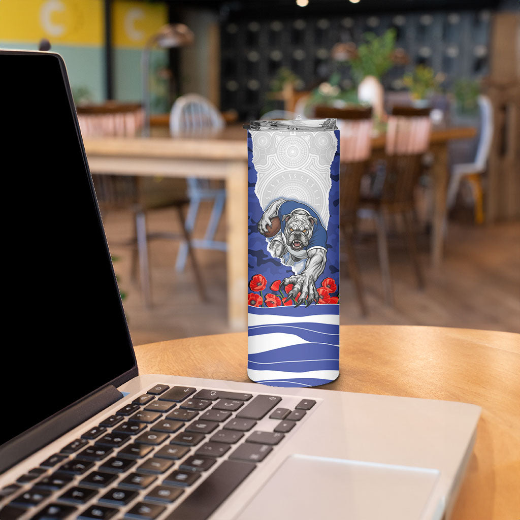Personalized Bulldogs ANZAC Tribute Skinny Tumbler Poppy Field Soldier Silhouette Aboriginal Rugby Mascot