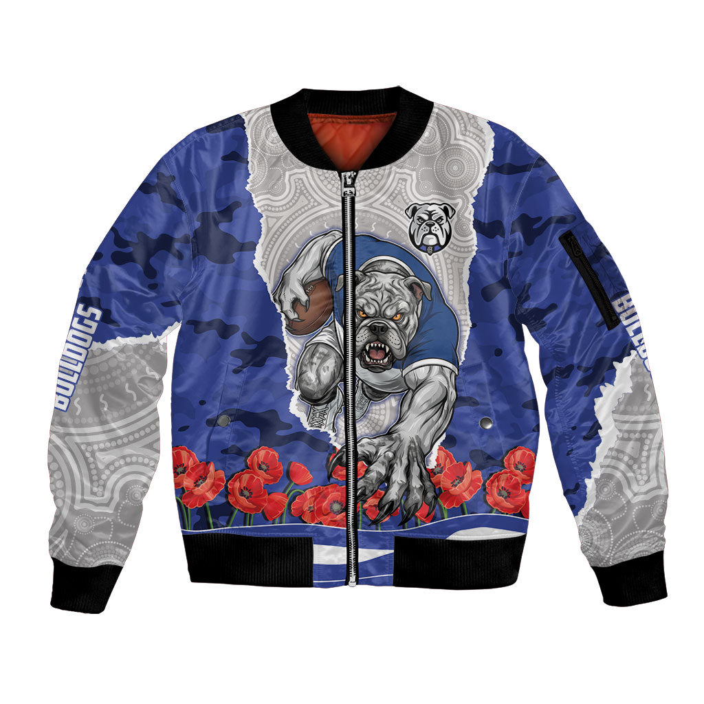 Personalized Bulldogs ANZAC Tribute Sleeve Zip Bomber Jacket Poppy Field Soldier Silhouette Aboriginal Rugby Mascot