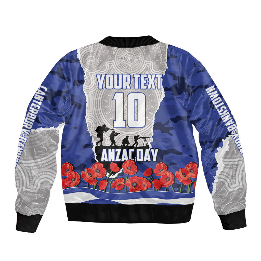 Personalized Bulldogs ANZAC Tribute Sleeve Zip Bomber Jacket Poppy Field Soldier Silhouette Aboriginal Rugby Mascot