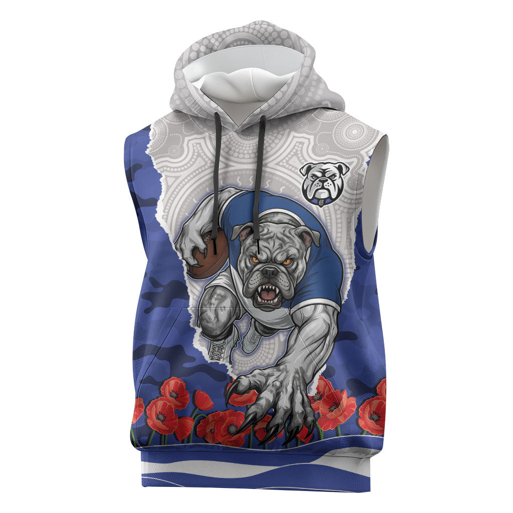 Personalized Bulldogs ANZAC Tribute Sleeveless Hoodie Poppy Field Soldier Silhouette Aboriginal Rugby Mascot