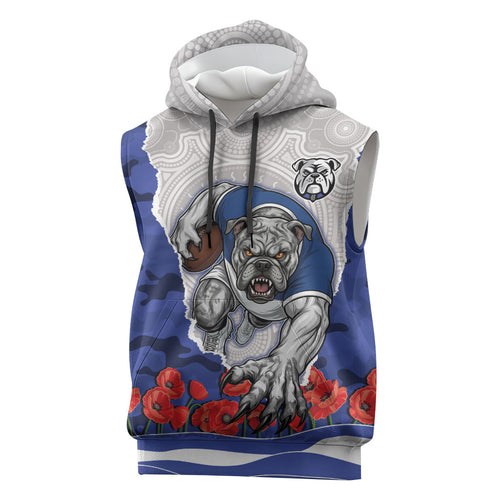 Personalized Bulldogs ANZAC Tribute Sleeveless Hoodie Poppy Field Soldier Silhouette Aboriginal Rugby Mascot