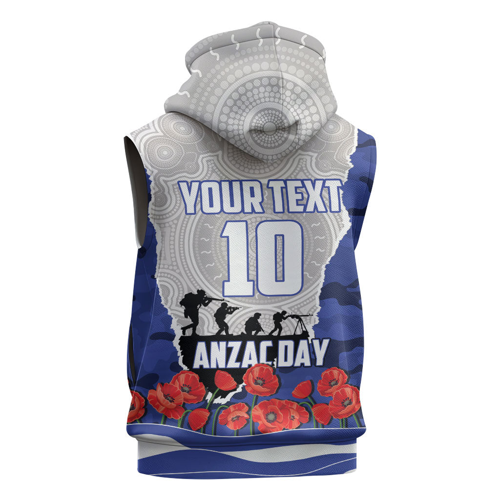 Personalized Bulldogs ANZAC Tribute Sleeveless Hoodie Poppy Field Soldier Silhouette Aboriginal Rugby Mascot