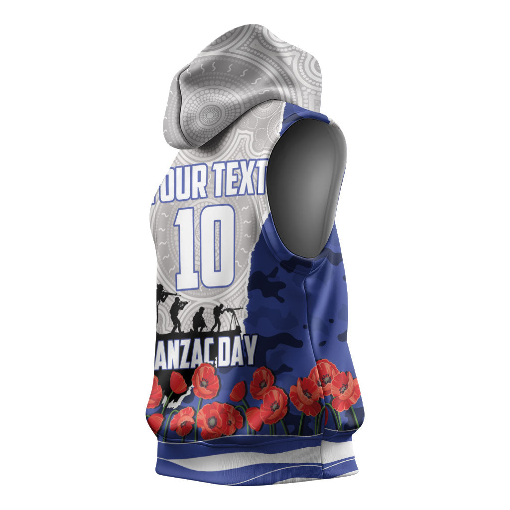 Personalized Bulldogs ANZAC Tribute Sleeveless Hoodie Poppy Field Soldier Silhouette Aboriginal Rugby Mascot