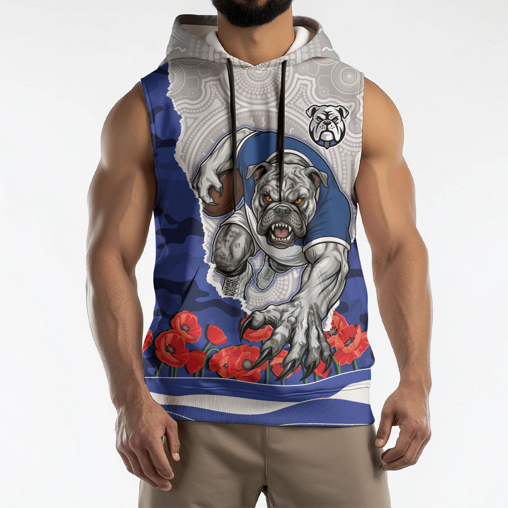 Personalized Bulldogs ANZAC Tribute Sleeveless Hoodie Poppy Field Soldier Silhouette Aboriginal Rugby Mascot