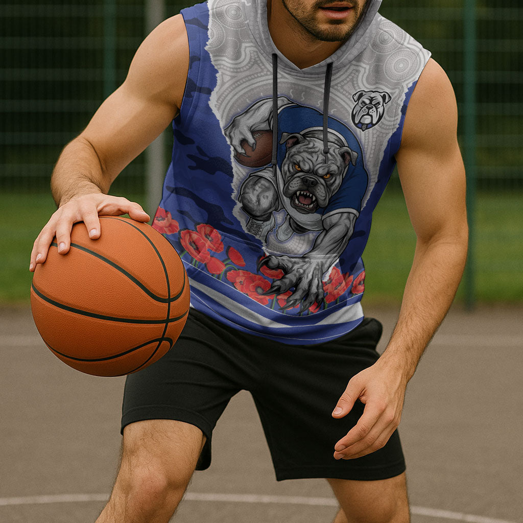 Personalized Bulldogs ANZAC Tribute Sleeveless Hoodie Poppy Field Soldier Silhouette Aboriginal Rugby Mascot