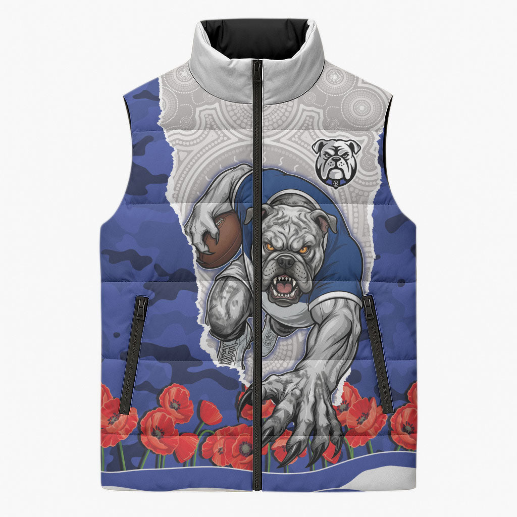 Personalized Bulldogs ANZAC Tribute Sleeveless Puffer Jacket Poppy Field Soldier Silhouette Aboriginal Rugby Mascot
