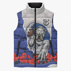 Personalized Bulldogs ANZAC Tribute Sleeveless Puffer Jacket Poppy Field Soldier Silhouette Aboriginal Rugby Mascot