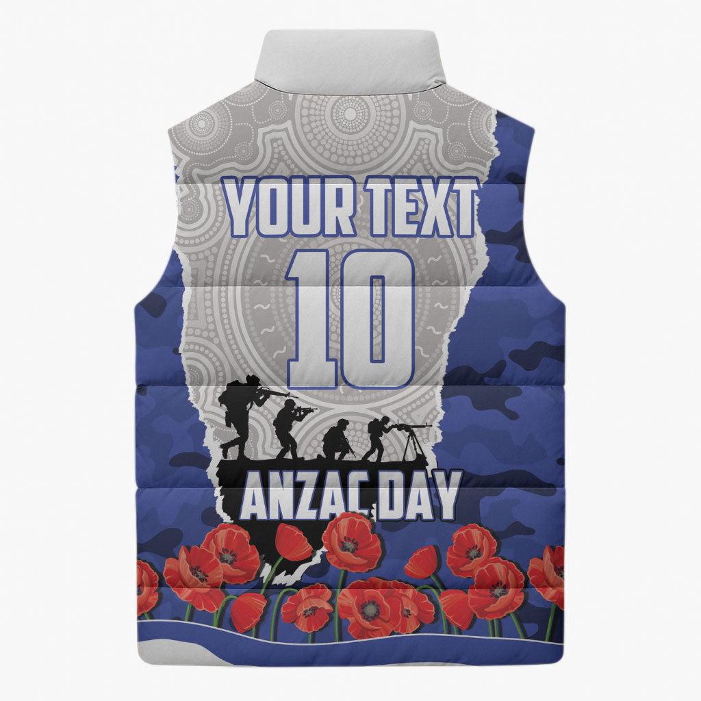 Personalized Bulldogs ANZAC Tribute Sleeveless Puffer Jacket Poppy Field Soldier Silhouette Aboriginal Rugby Mascot