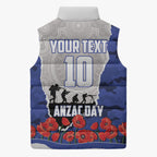 Personalized Bulldogs ANZAC Tribute Sleeveless Puffer Jacket Poppy Field Soldier Silhouette Aboriginal Rugby Mascot