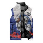 Personalized Bulldogs ANZAC Tribute Sleeveless Puffer Jacket Poppy Field Soldier Silhouette Aboriginal Rugby Mascot