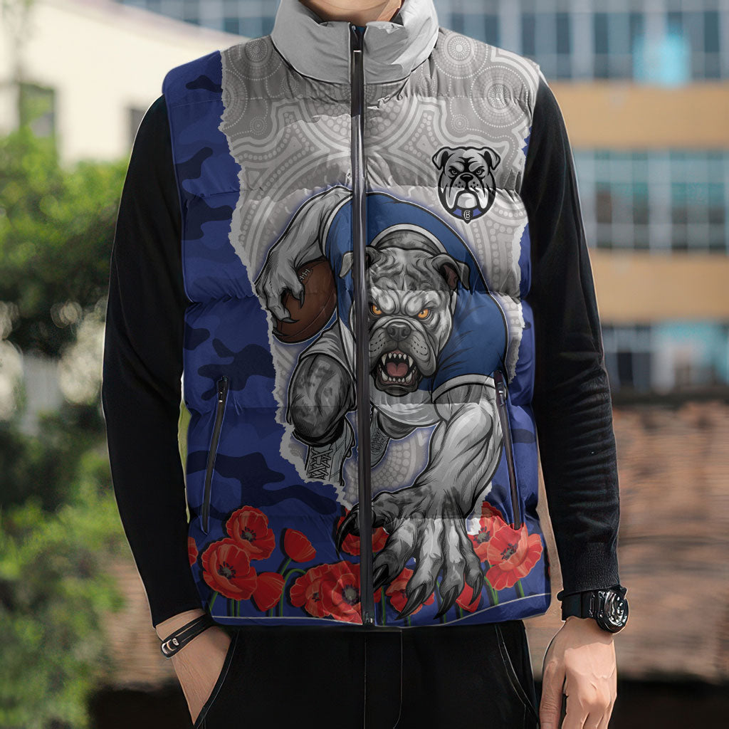 Personalized Bulldogs ANZAC Tribute Sleeveless Puffer Jacket Poppy Field Soldier Silhouette Aboriginal Rugby Mascot