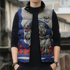 Personalized Bulldogs ANZAC Tribute Sleeveless Puffer Jacket Poppy Field Soldier Silhouette Aboriginal Rugby Mascot