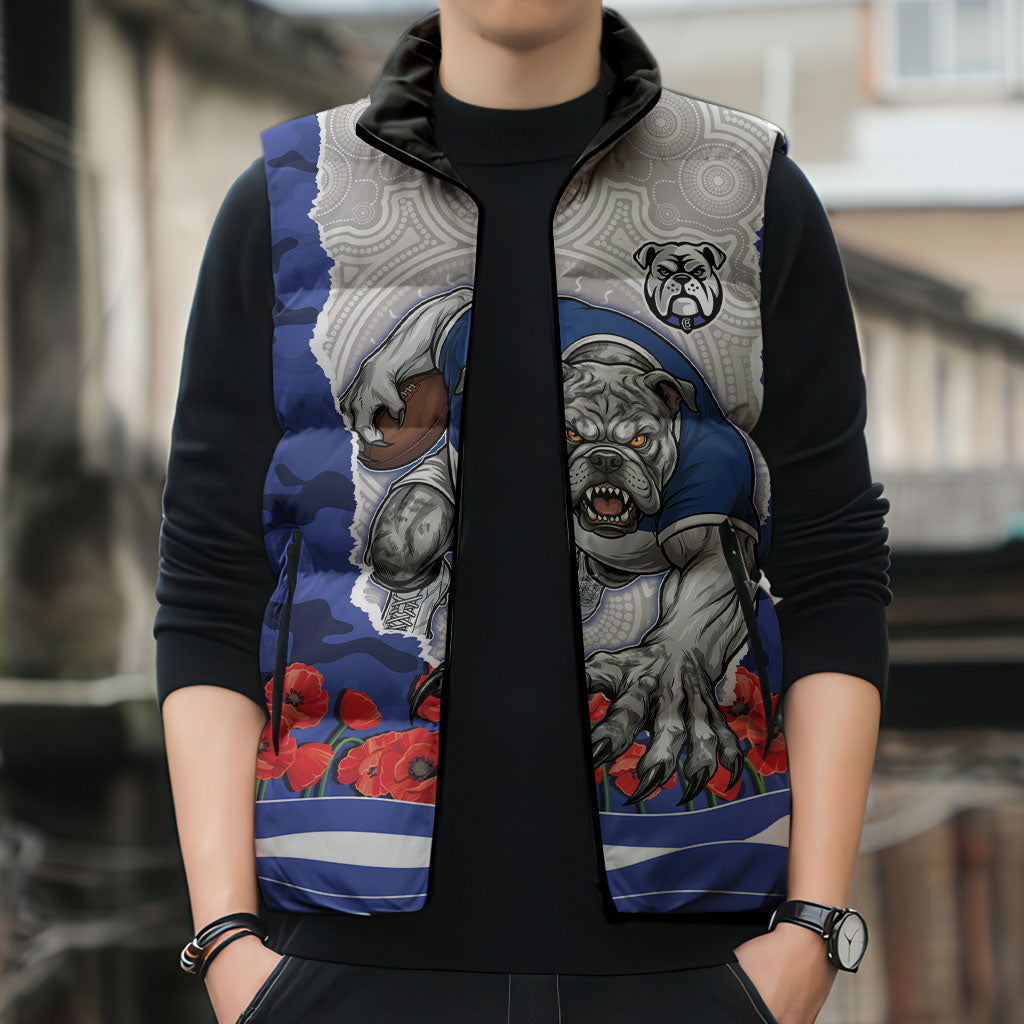 Personalized Bulldogs ANZAC Tribute Sleeveless Puffer Jacket Poppy Field Soldier Silhouette Aboriginal Rugby Mascot