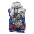 Personalized Bulldogs ANZAC Tribute Sleeveless Zip Hoodie Poppy Field Soldier Silhouette Aboriginal Rugby Mascot
