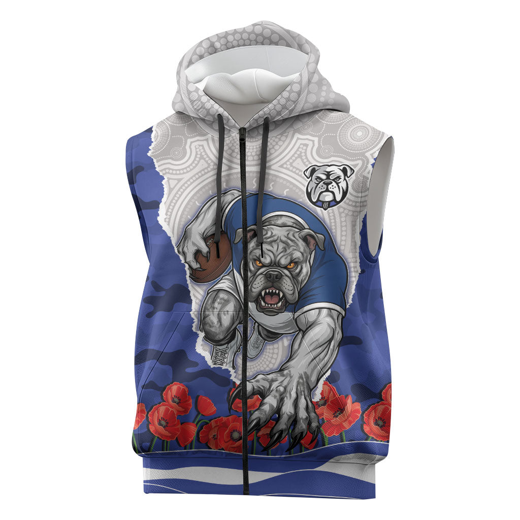 Personalized Bulldogs ANZAC Tribute Sleeveless Zip Hoodie Poppy Field Soldier Silhouette Aboriginal Rugby Mascot