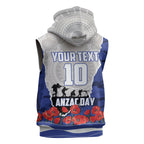 Personalized Bulldogs ANZAC Tribute Sleeveless Zip Hoodie Poppy Field Soldier Silhouette Aboriginal Rugby Mascot