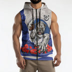 Personalized Bulldogs ANZAC Tribute Sleeveless Zip Hoodie Poppy Field Soldier Silhouette Aboriginal Rugby Mascot