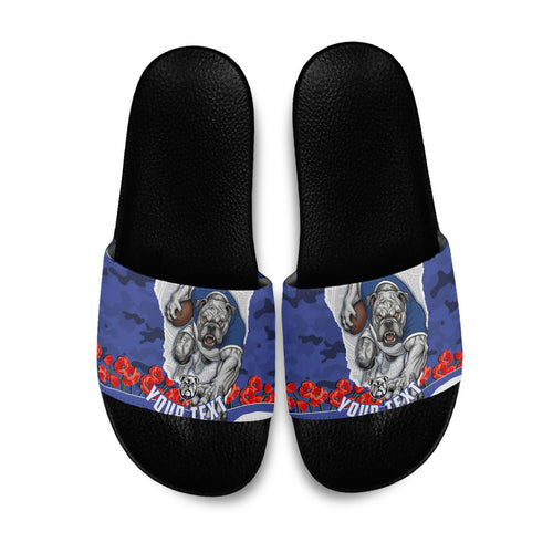 Personalized Bulldogs ANZAC Tribute Slide Sandals Poppy Field Soldier Silhouette Aboriginal Rugby Mascot