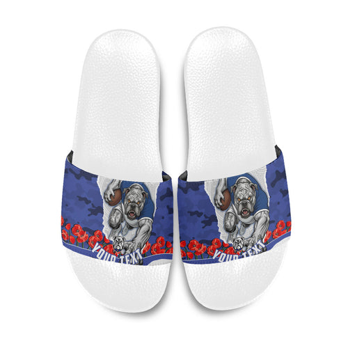 Personalized Bulldogs ANZAC Tribute Slide Sandals Poppy Field Soldier Silhouette Aboriginal Rugby Mascot