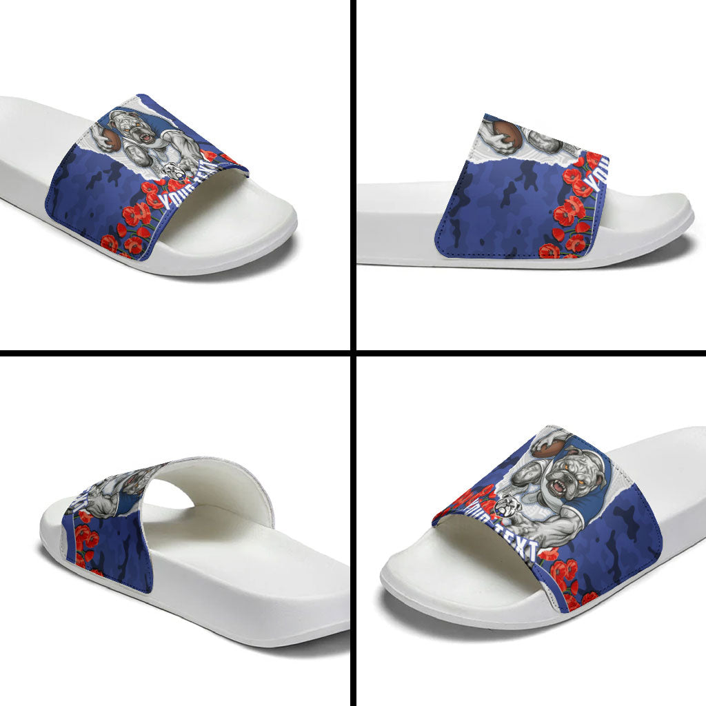 Personalized Bulldogs ANZAC Tribute Slide Sandals Poppy Field Soldier Silhouette Aboriginal Rugby Mascot