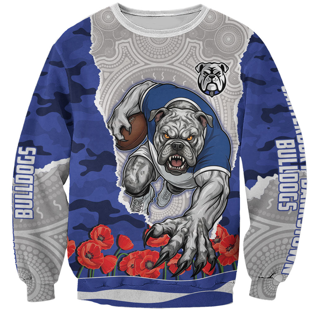 Personalized Bulldogs ANZAC Tribute Sweatshirt Poppy Field Soldier Silhouette Aboriginal Rugby Mascot