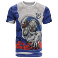 Personalized Bulldogs ANZAC Tribute T Shirt Poppy Field Soldier Silhouette Aboriginal Rugby Mascot