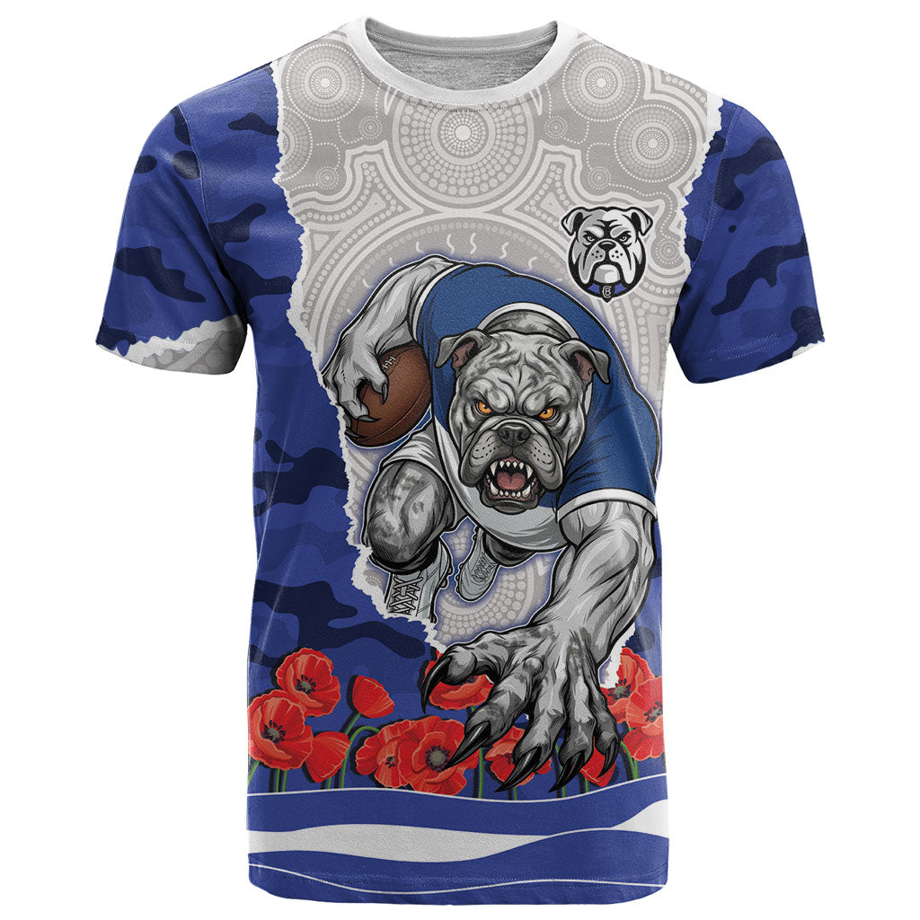 Personalized Bulldogs ANZAC Tribute T Shirt Poppy Field Soldier Silhouette Aboriginal Rugby Mascot
