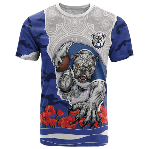 Personalized Bulldogs ANZAC Tribute T Shirt Poppy Field Soldier Silhouette Aboriginal Rugby Mascot