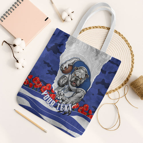 Personalized Bulldogs ANZAC Tribute Tote Bag Poppy Field Soldier Silhouette Aboriginal Rugby Mascot