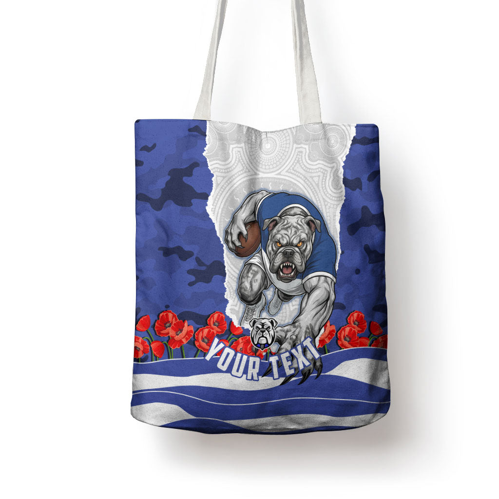 Personalized Bulldogs ANZAC Tribute Tote Bag Poppy Field Soldier Silhouette Aboriginal Rugby Mascot