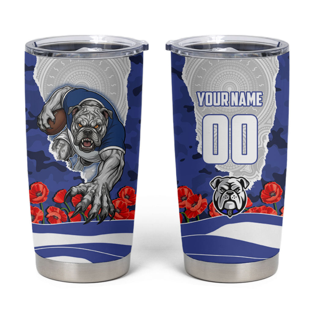 Personalized Bulldogs ANZAC Tribute Tumbler Cup Poppy Field Soldier Silhouette Aboriginal Rugby Mascot