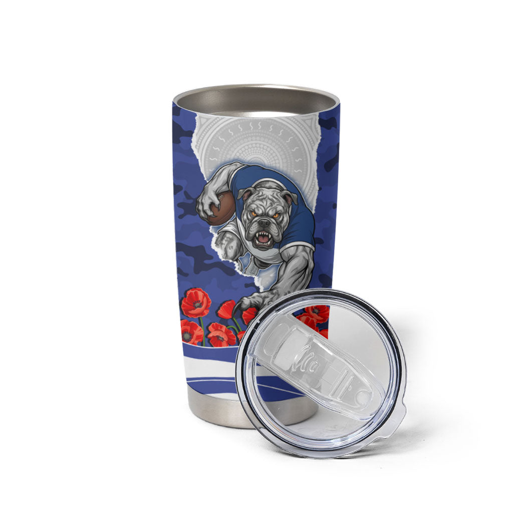 Personalized Bulldogs ANZAC Tribute Tumbler Cup Poppy Field Soldier Silhouette Aboriginal Rugby Mascot