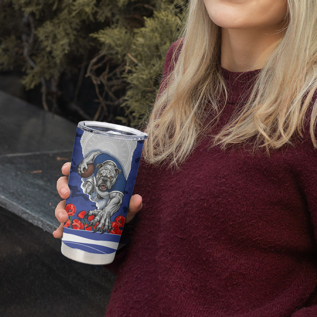 Personalized Bulldogs ANZAC Tribute Tumbler Cup Poppy Field Soldier Silhouette Aboriginal Rugby Mascot