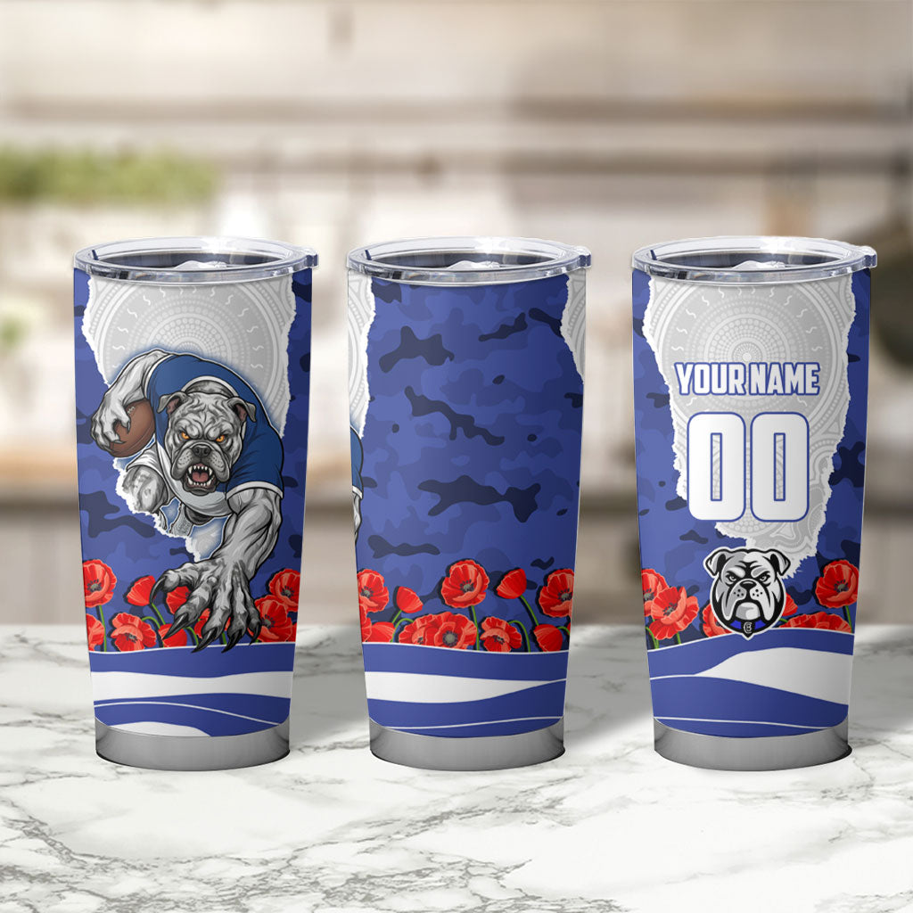 Personalized Bulldogs ANZAC Tribute Tumbler Cup Poppy Field Soldier Silhouette Aboriginal Rugby Mascot