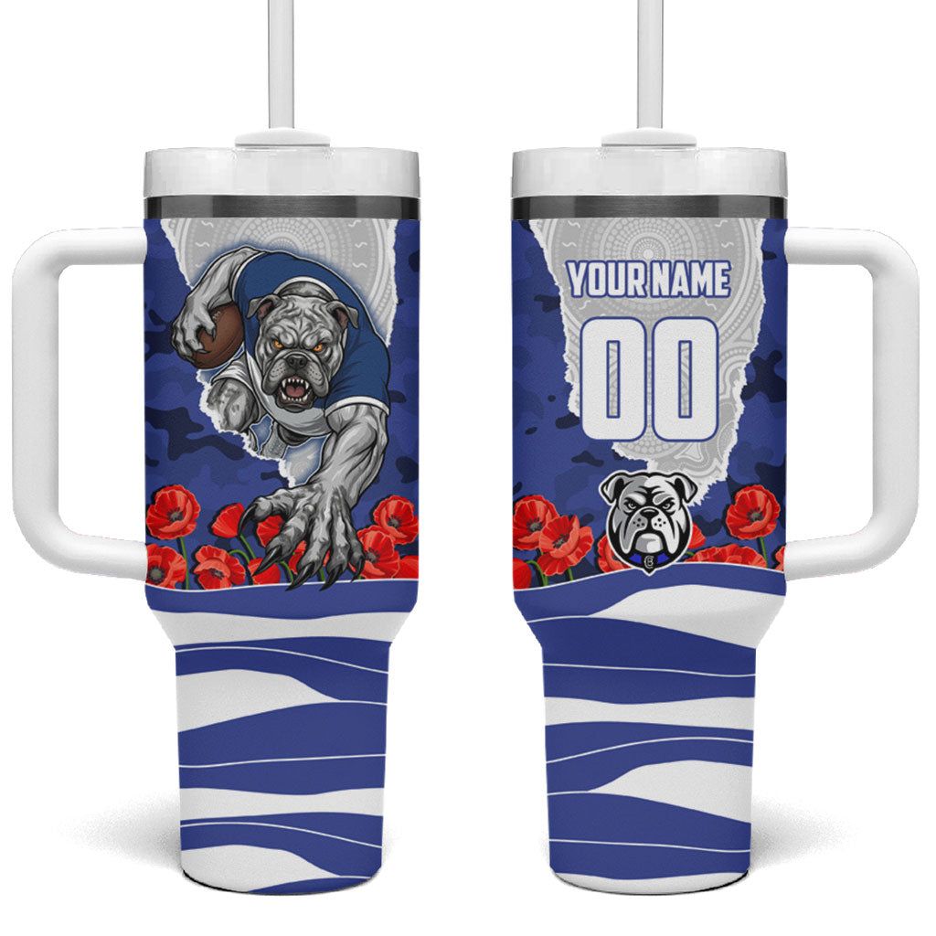 Personalized Bulldogs ANZAC Tribute Tumbler With Handle Poppy Field Soldier Silhouette Aboriginal Rugby Mascot