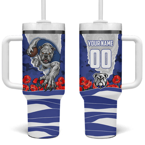 Personalized Bulldogs ANZAC Tribute Tumbler With Handle Poppy Field Soldier Silhouette Aboriginal Rugby Mascot