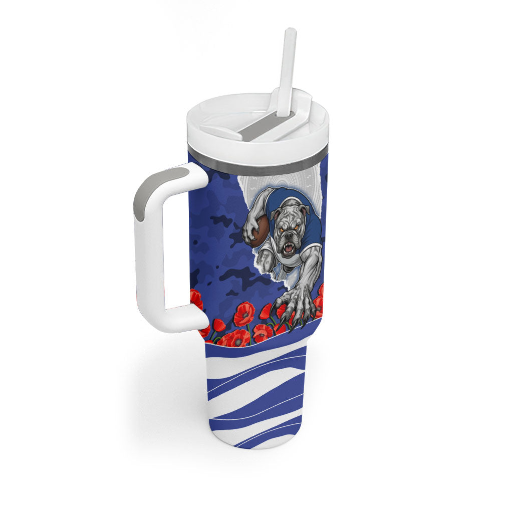 Personalized Bulldogs ANZAC Tribute Tumbler With Handle Poppy Field Soldier Silhouette Aboriginal Rugby Mascot