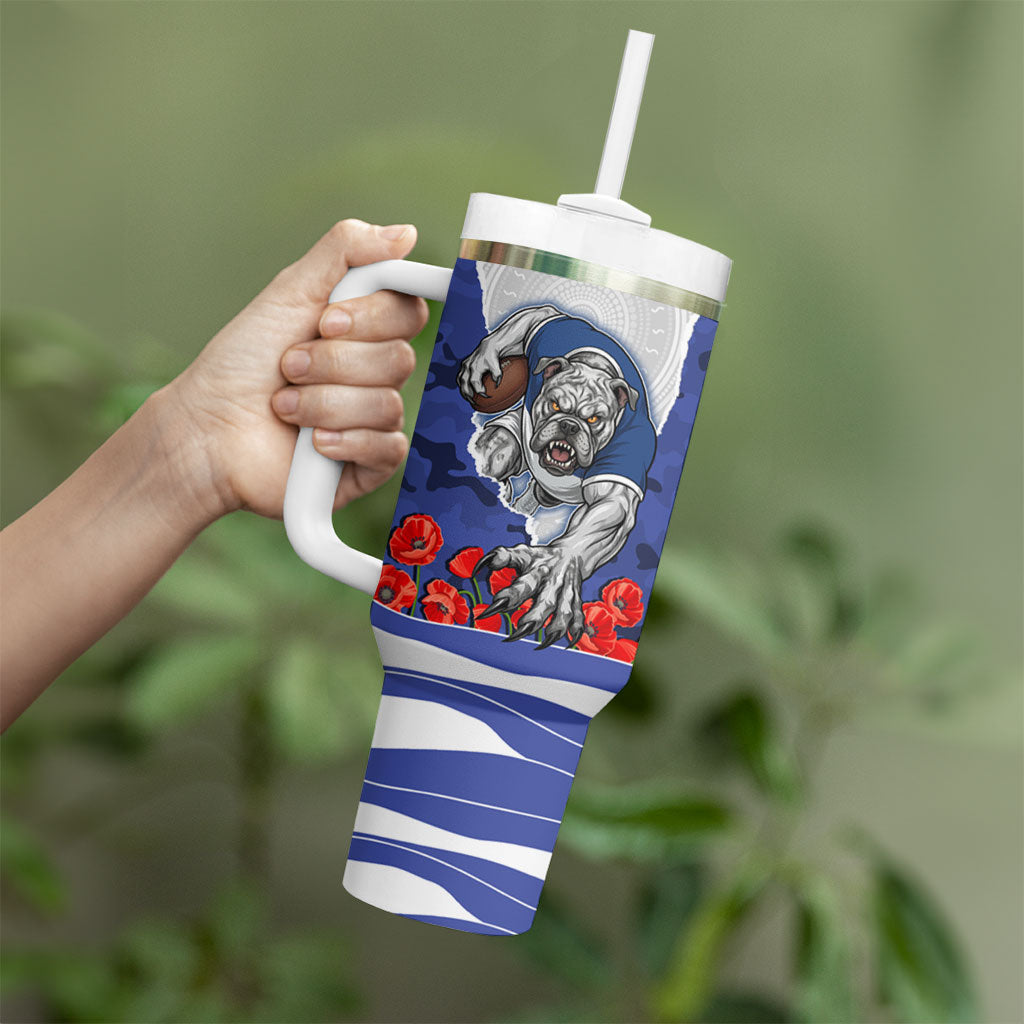 Personalized Bulldogs ANZAC Tribute Tumbler With Handle Poppy Field Soldier Silhouette Aboriginal Rugby Mascot