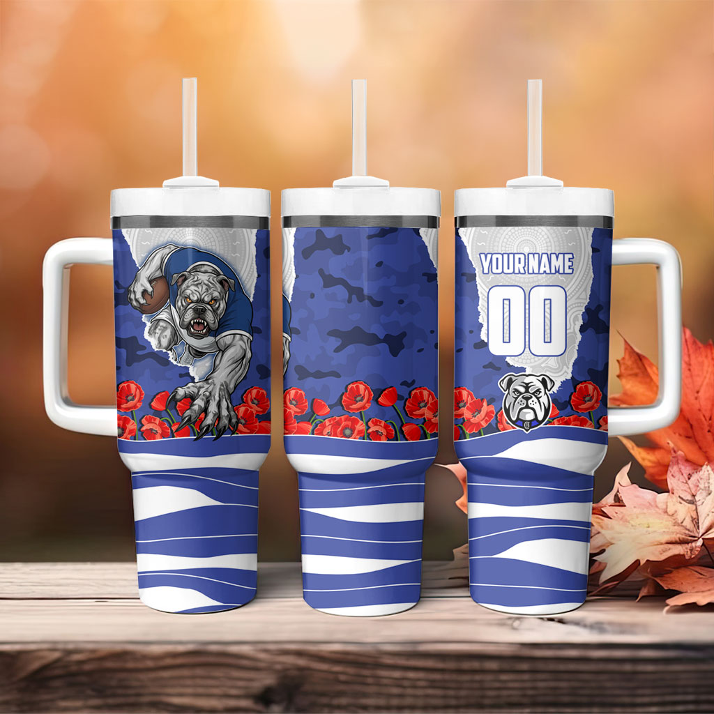 Personalized Bulldogs ANZAC Tribute Tumbler With Handle Poppy Field Soldier Silhouette Aboriginal Rugby Mascot