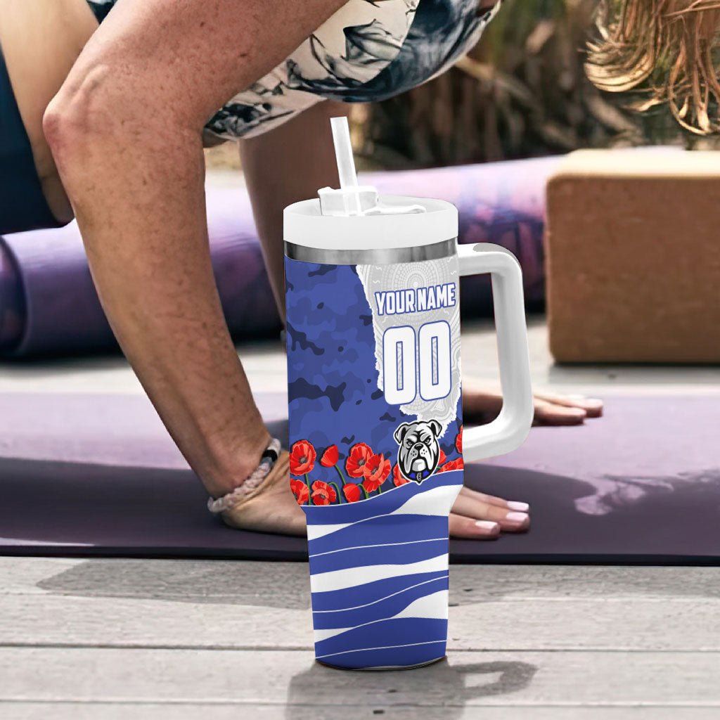 Personalized Bulldogs ANZAC Tribute Tumbler With Handle Poppy Field Soldier Silhouette Aboriginal Rugby Mascot